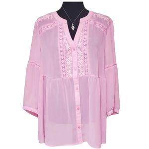 Sheer Blouse with Floral Embroidery, Size XL